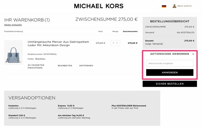 So lösen Sie den Michael Kors Gutschein ein: